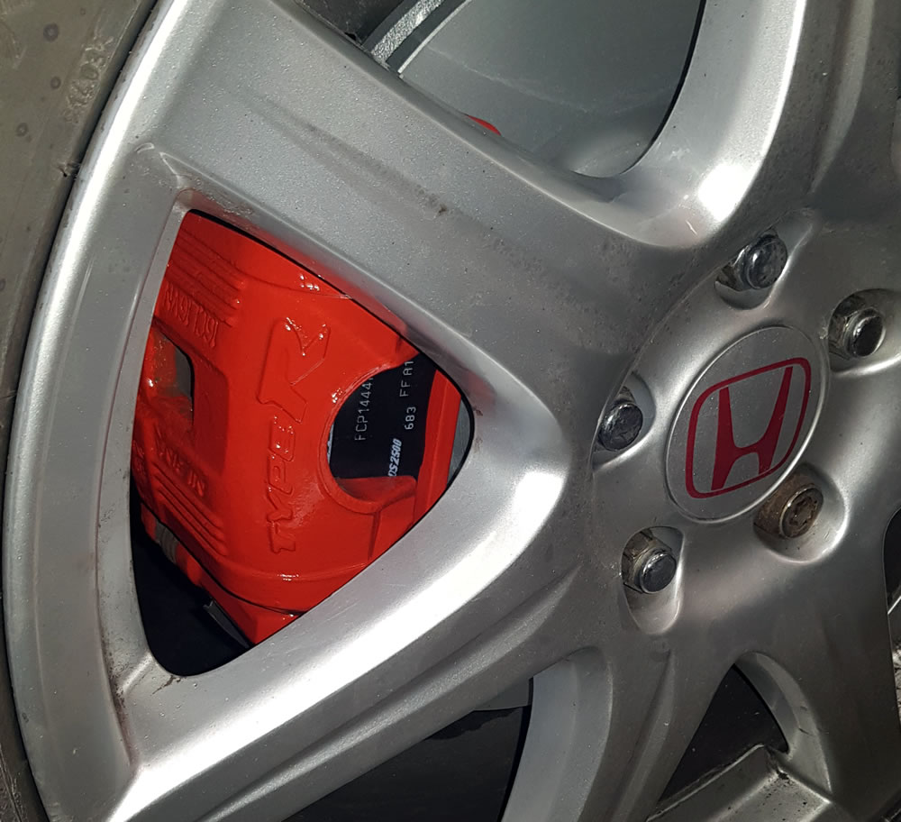 Honda Civic Type R Brake Caliper that we brought back to life with some special Brake Caliper paint.