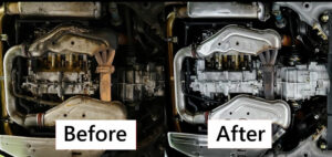 Porsche 911 - dry ice blasting under engine before and after
